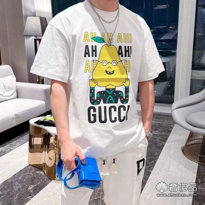 gucci古馳卡通笑臉梨小人字母印花潮牌純棉圓領t恤衫