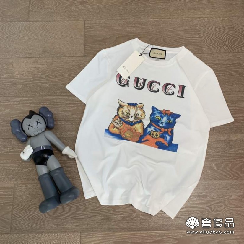 古馳gucci春夏2022年新品胸前字母卡通貓咪數碼印花純棉圓領短袖t恤