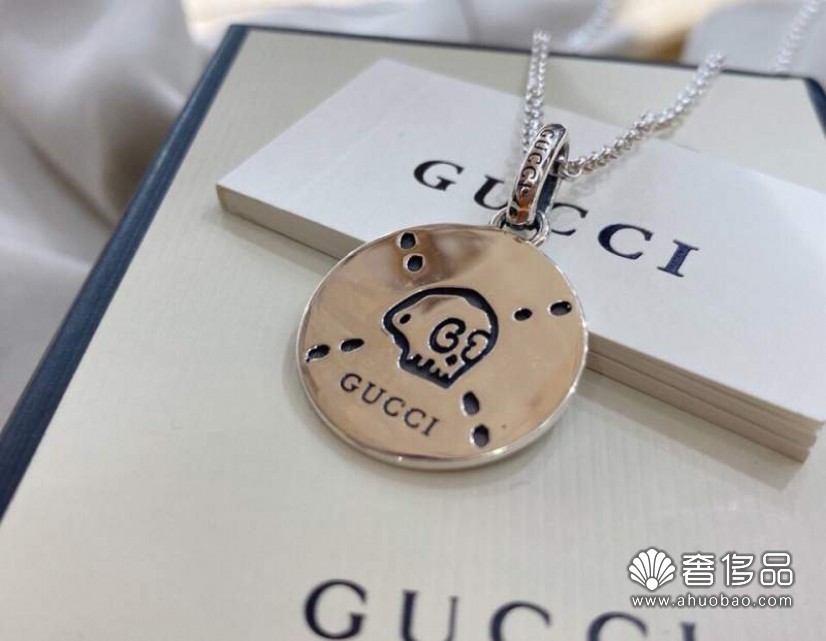 gucci古馳925純銀骷髏頭圓牌小精靈項鍊