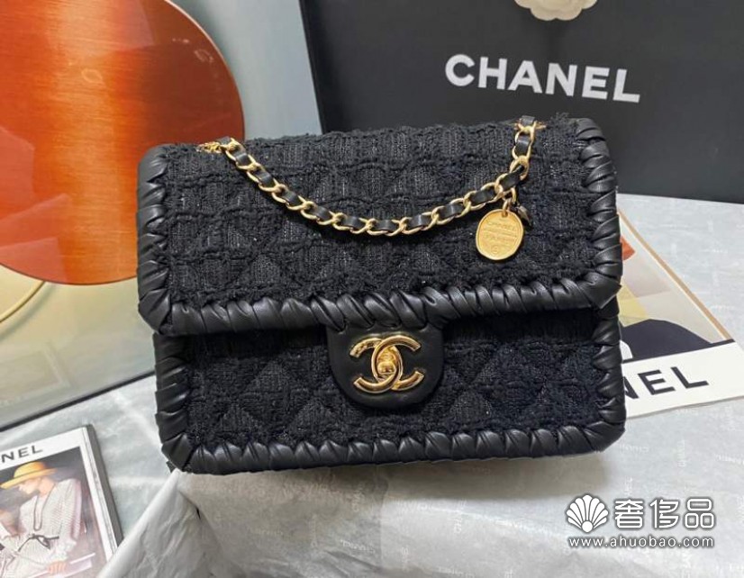 chanel香奈兒新款黑色編織滾邊豆腐包